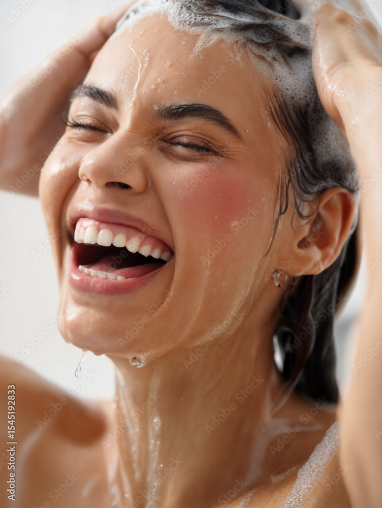 Naklejka premium Woman Washing Hair with Shampoo in Shower