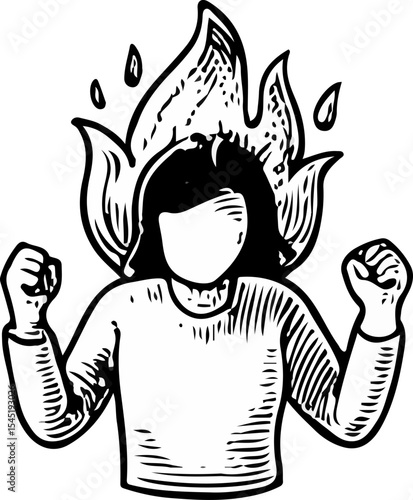 Furious woman surrounded by flames and dark shadow, representing rage, inner demon, and emotional explosion