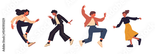 Happy young people dancing with fun poses for music or party celebration. Diverse group of energetic men and women in modern lifestyle. Flat cartoon vector character set.