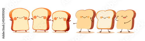 Cute bread and toast characters with happy faces for breakfast or bakery theme. Funny cartoon slice illustration with smile and kawaii style. Vector icon set with food.