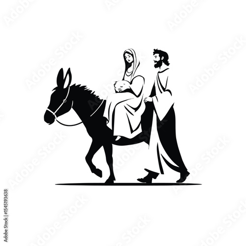 Mary Holding Baby Jesus Riding Donkey with Joseph Walking Beside – Black Line Vector Depicting Nativity Journey and Christian Tradition