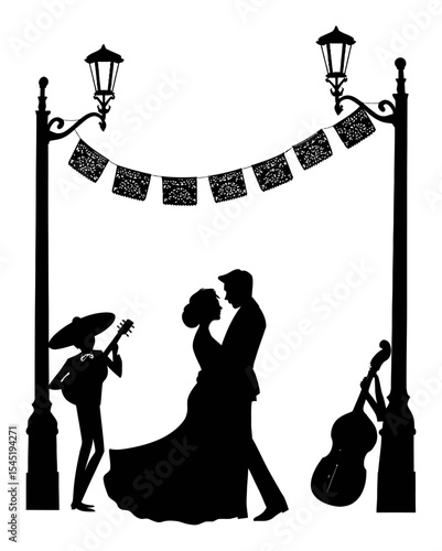 Romantic Silhouette of Couple Under Street Lamps with Guitar Player