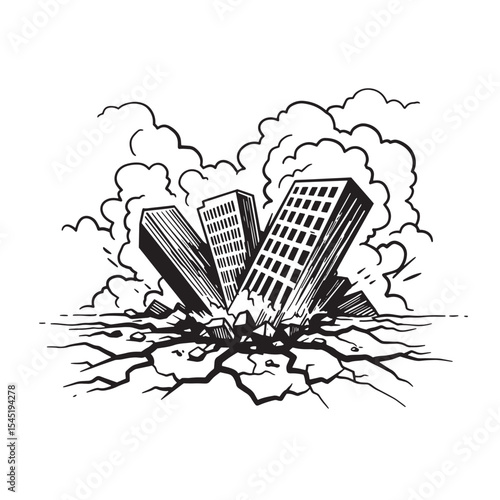 Earthquake disaster destroys buildings in vintage art silhouette