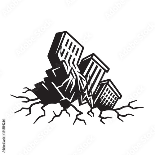 Earthquake destroys city buildings a vintage art silhouette depicting disaster and destruction