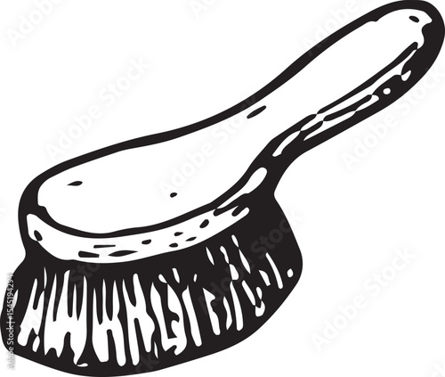 A black-and-white sketch of a sturdy scrub brush with dense bristles, ideal for cleaning surfaces, perfect for household, janitorial, and hygiene-themed illustrations