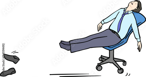 脱力状態で椅子を滑らせるやる気のない靴も置き去りのスーツ男性イラスト