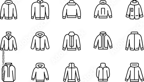 Assorted jacket and hoodie outline icons winter and autumn clothing collection