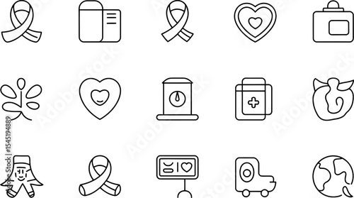 Linear icon set representing awareness health charity donation and environmental protection