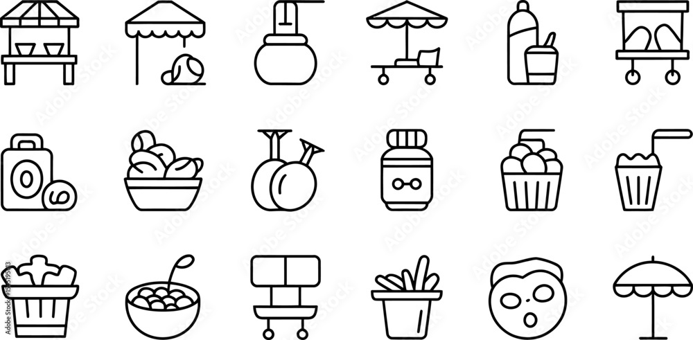 Collection of minimalist icons representing street food and wellness products Collection of minimalist icons representing street food and wellness products