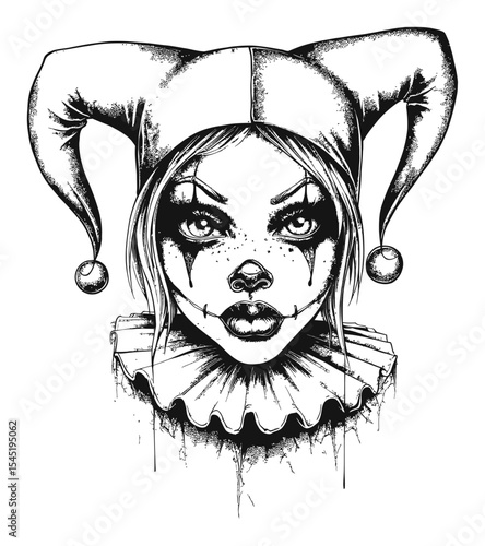 Intricate Hand-Drawn Portrait of a Vintage-Style Clown with Pointy Hat
