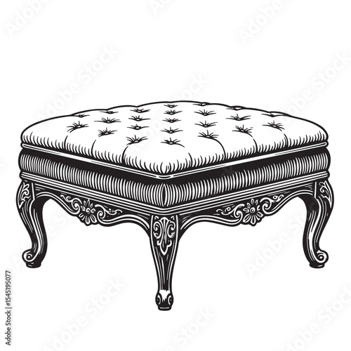 Elegant vintage art silhouette of a tufted upholstered ottoman footstool in monochrome
