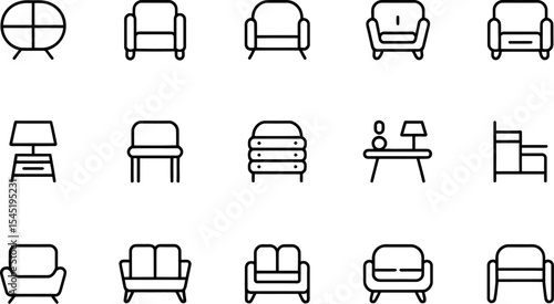 Furniture icons set featuring armchairs sofas beds tables and chest of drawers