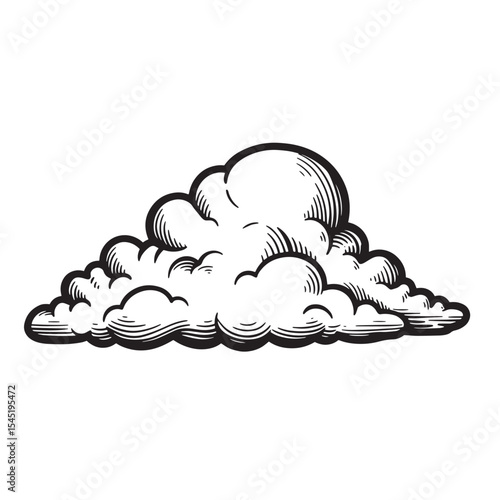 Hand drawn cloud illustration with detailed hatching in a vintage art silhouette style