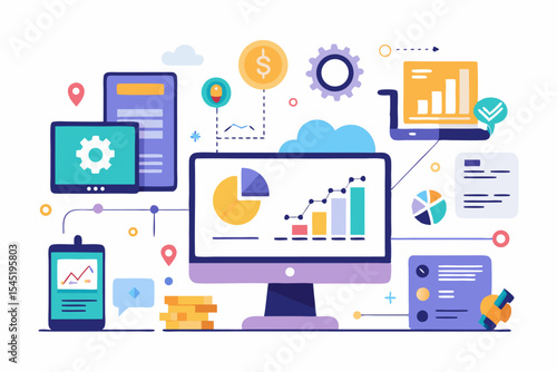 Flat Design Illustration of Teamwork Across Digital Devices – Computer, Tablet, Smartphone Collaboration Concept