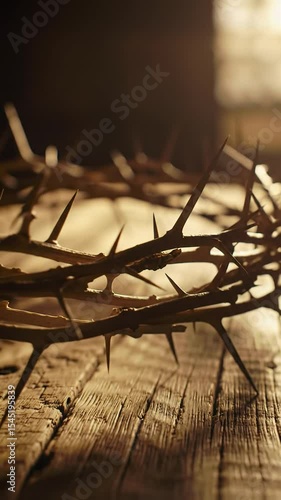 Extreme close-up video of a meticulously detailed crown of thorns with sharp thorns resting on weathered wood, dramatic warm golden hour side lighting, soft bokeh background, very slow dolly-in,