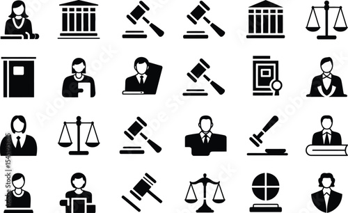 Black silhouette icons depicting law justice and legal system elements