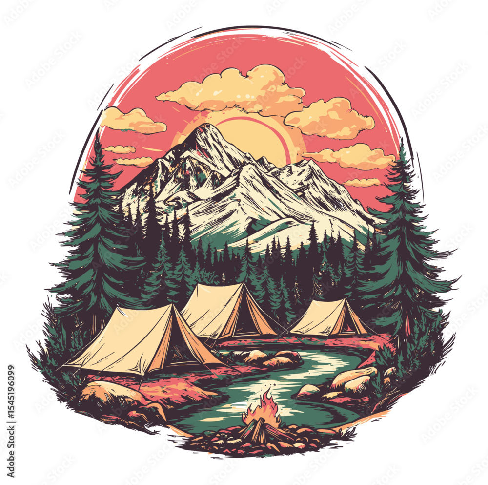 Scenic Mountain Camp with Tents, River, and Sun Setting in Background Scenic Mountain Camp with Tents, River, and Sun Setting in Background