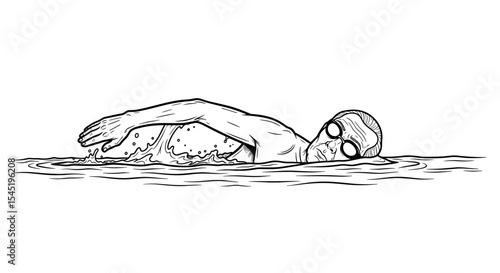 Male swimmer performing freestyle stroke in a dynamic swimming technique