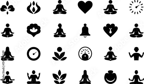 Yoga and meditation icon set with lotus position clock heart and plant symbols