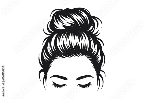 Stylish messy bun hairstyle for women black and white illustration