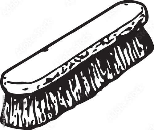 A black-and-white sketch of a sturdy scrub brush with dense bristles, ideal for cleaning surfaces, perfect for household, janitorial, and hygiene-themed illustrations