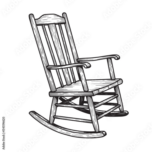 Vintage art silhouette illustration of a classic wooden rocking chair in a retro engraved style