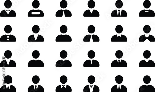 Set of elegant black silhouette user icons representing diverse professions and roles