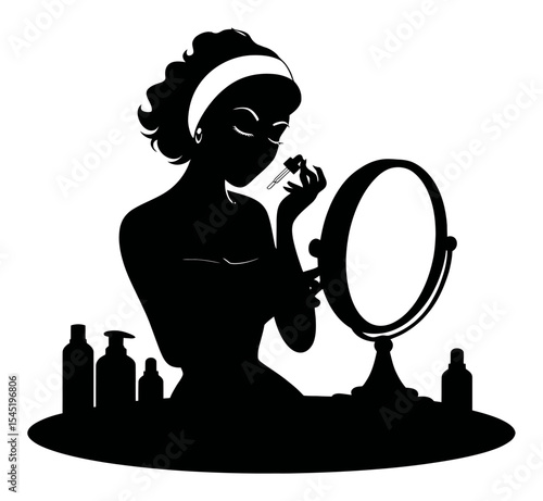 Elegant Silhouette of a Woman Applying Makeup in Front of a Mirror