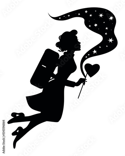Enchanting Silhouette of a Woman Holding a Heart Balloon with Stars