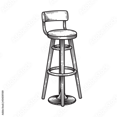 Vintage art silhouette illustration of a tall barstool with a backrest in monochrome line art style