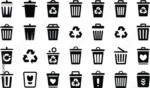 Set of black and white trash can icons waste management concept