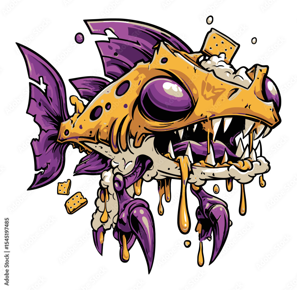 Naklejka premium Colorful Cartoon Cheese Monster with Fish Features and Playful Expression