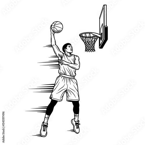 Basketball player performing a slam dunk in action sketch style for sports performance concept