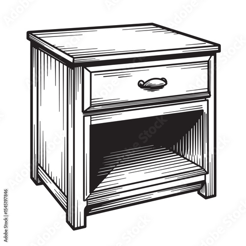 Vintage art silhouette of a nightstand with drawer open shelf design for bedroom decoration