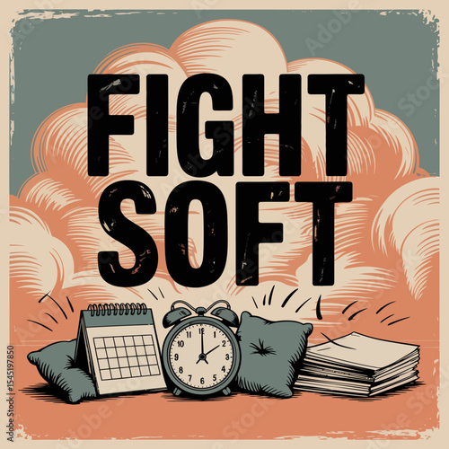 Vintage Style Fight Soft Poster Design Alarm Clock Calendar Pillows Books Retro Graphic Illustration Peaceful Sleep Motivational Artwork Inspirational Quote Peaceful Morning Retro Aesthetic Vintage   
