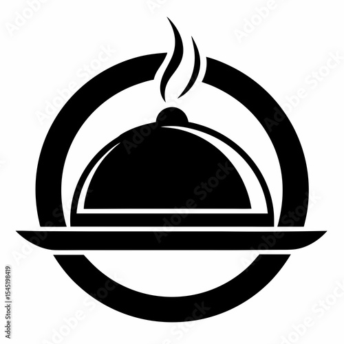 Food dish cover with steam in a black circle isolated on white