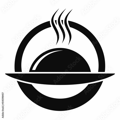 Food dish cover with steam in a black circle isolated on white