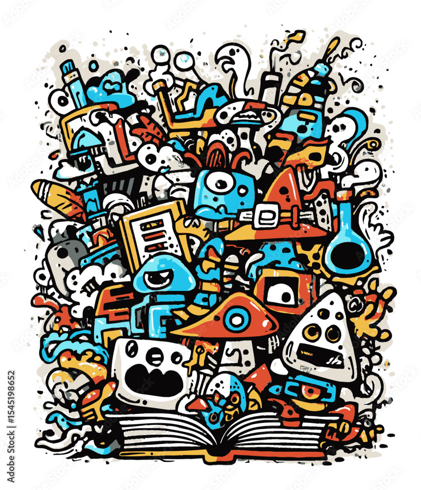 Fototapeta premium Colorful Doodle Art with Abstract Characters and Whimsical Elements