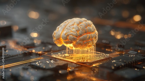 Artificial Intelligence, Quantum Computing Concept. Orange Tech Background. 3D Render.