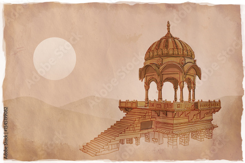 Vintage Gadisar Lake Jaisalmer Rajasthan at sunrise with ancient architecture Hand painted 