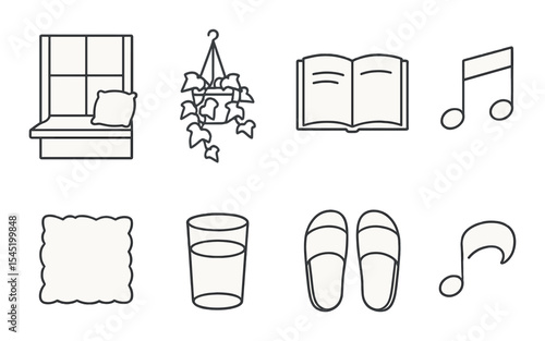 Cozy home essentials icons set – outline, comfort and relaxation symbol collection