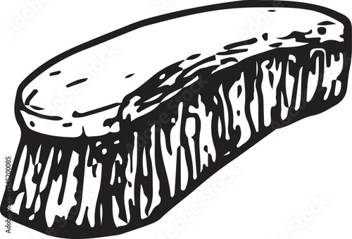 A black-and-white sketch of a sturdy scrub brush with dense bristles, ideal for cleaning surfaces, perfect for household, janitorial, and hygiene-themed illustrations