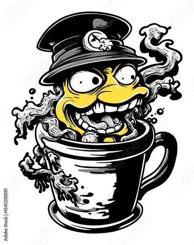 Cartoon Character Emerging from a Mug with Steam and Exciting Expressions