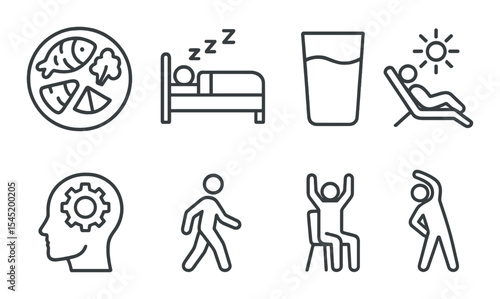 Balance and wellness icons set – outline, harmony and health symbols