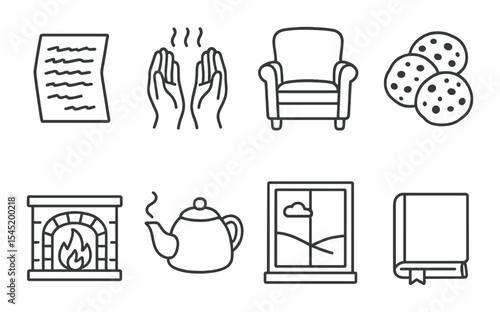 Cozy icons set – outline, comfort and relaxation symbols for a warm atmosphere