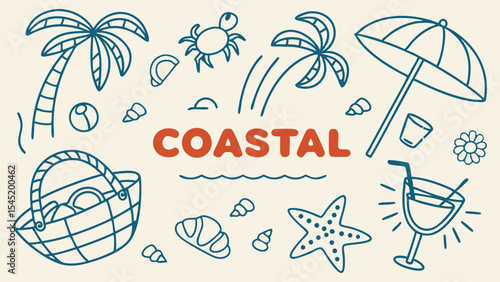 Coastal summer picnic basket with palm trees, beach umbrella, and starfish