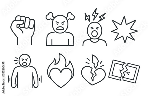 Fiery anger icons set – outline, expressive and emotive symbol collection
