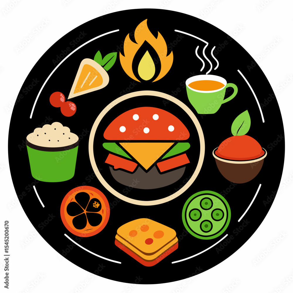 Various food icons in a circle isolated on white background Various food icons in a circle isolated on white background