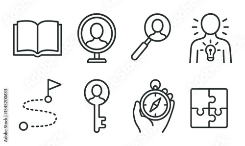 Personal development icons set – outline, growth and self-improvement symbols