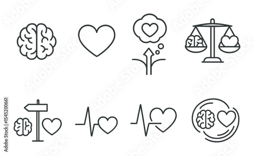 Heart and mind conflict icons set – silhouette, emotion and decision-making symbols